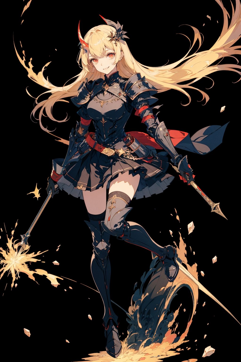 1girl, solo, long hair, breasts, looking at viewer, smile, bangs, skirt, blonde hair, hair ornament, red eyes, thighhighs, gloves, dress, holding, very long hair, weapon, boots, horns, black gloves, elbow gloves, black thighhighs, holding weapon, armor, thigh boots, polearm, black background, armored boots,portrait,illustration,fcloseup