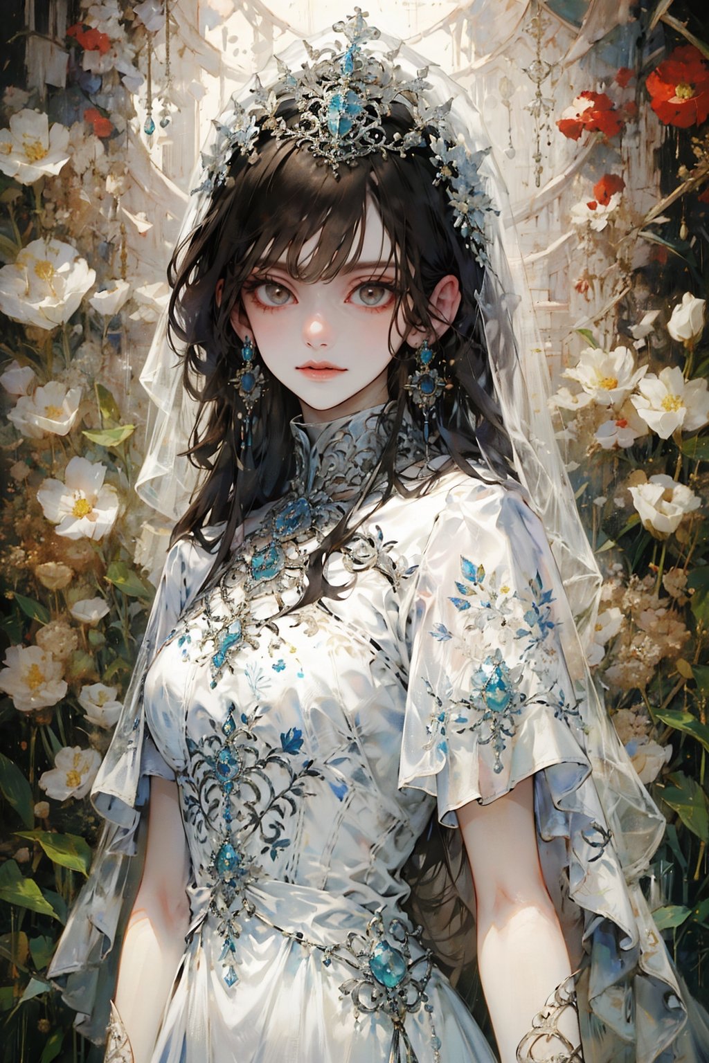 1girl, solo, long hair, breasts, looking at viewer, smile, black hair, dress, brown eyes, jewelry, closed mouth, upper body, short sleeves, earrings, white dress, from side, lips, see-through, looking to the side, tiara, crown, gem, veil, stairs