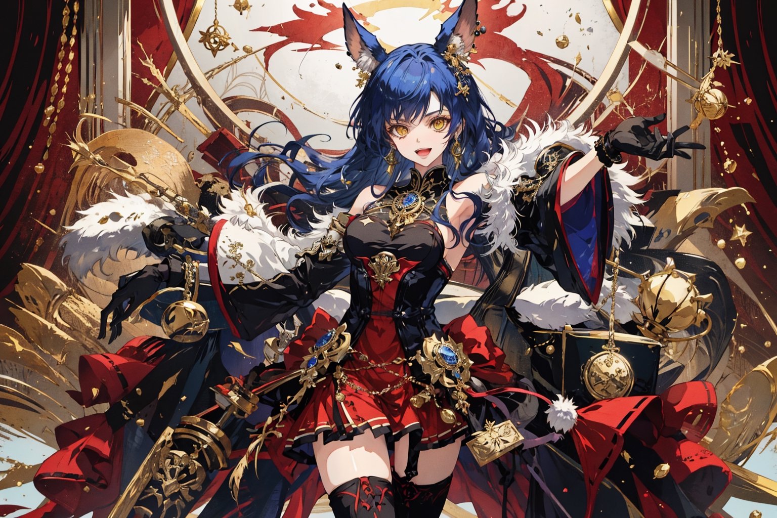 1girl, solo, long hair, breasts, looking at viewer, smile, open mouth, bangs, thighhighs, gloves, dress, holding, animal ears, bare shoulders, jewelry, medium breasts, blue hair, standing, yellow eyes, :d, earrings, boots, detached sleeves, black gloves, black thighhighs, wide sleeves, armpits, star \(symbol\), official alternate costume, fur trim, wavy hair, red dress, christmas, single earring, erune, fur-trimmed sleeves, underboob cutout, ferry \(granblue fantasy\)