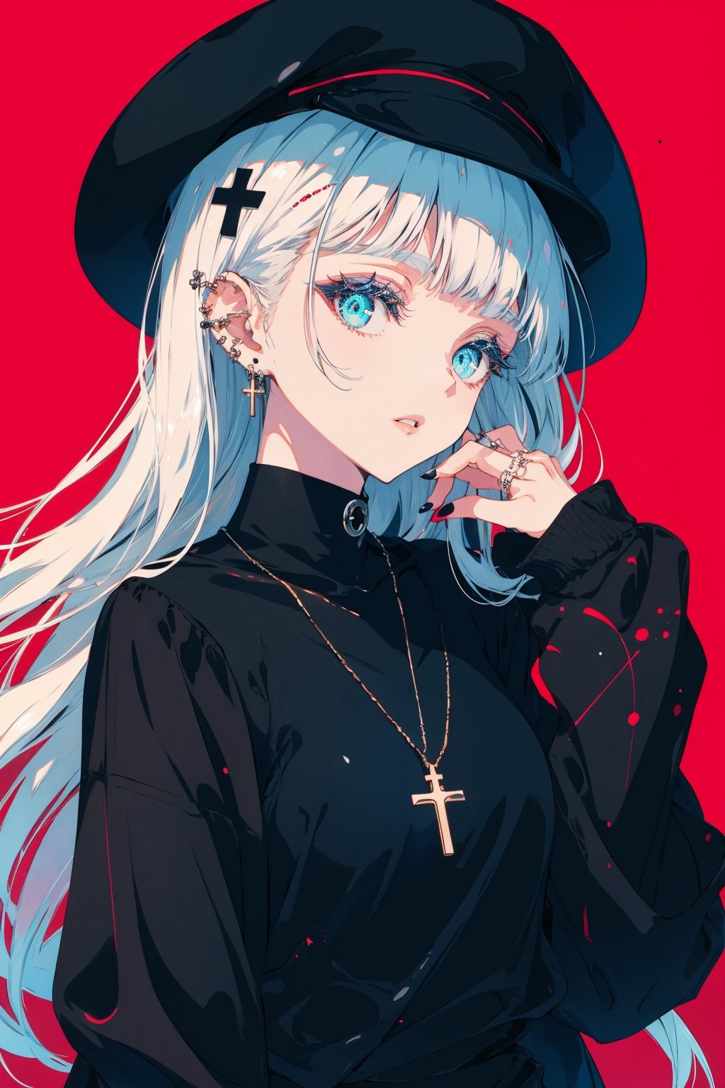 1girl, solo, long hair, looking at viewer, bangs, blue eyes, long sleeves, hat, jewelry, upper body, white hair, earrings, parted lips, choker, blunt bangs, necklace, nail polish, collar, sweater, fingernails, sleeves past wrists, black headwear, piercing, pink background, cross, ear piercing, black nails, hand on own face, skull, hand on own cheek, cross necklace, skull necklace