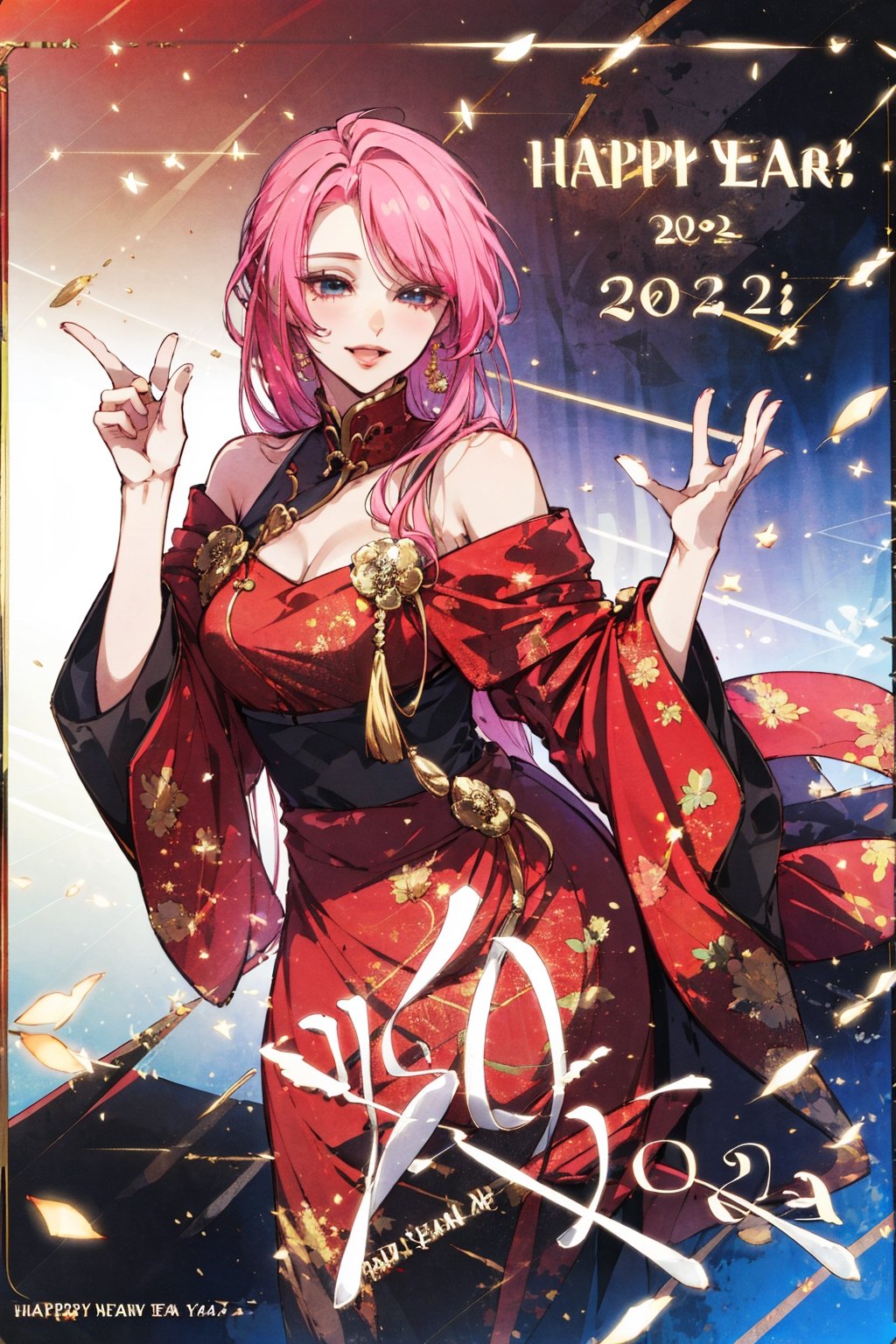 masterpiece,absurdres,best quality,extremely detailed,niji,a mature female,PINK_Long wave hair BAEAK red_china dress,Off Shoulder,Diagonal bangs,（High saturation:1.4),（High contrast:1.4),(happy new year 2024:1.6),MALE