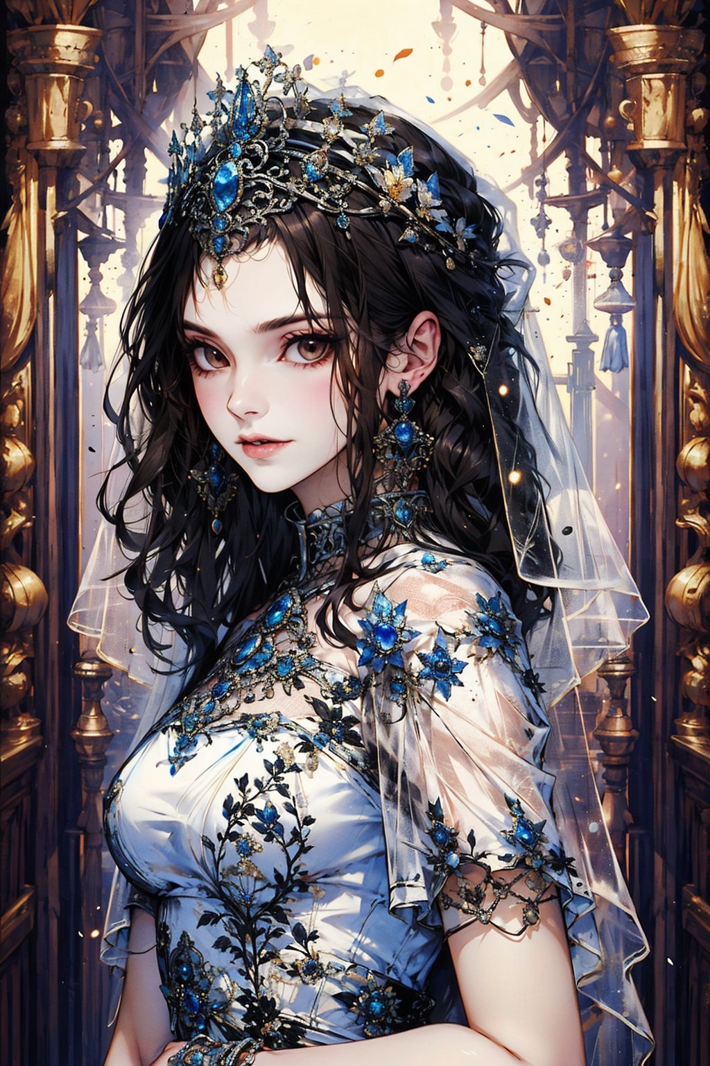 1girl, solo, long hair, breasts, looking at viewer, smile, black hair, dress, brown eyes, jewelry, closed mouth, upper body, short sleeves, earrings, white dress, from side, lips, see-through, looking to the side, tiara, crown, gem, veil, stairs