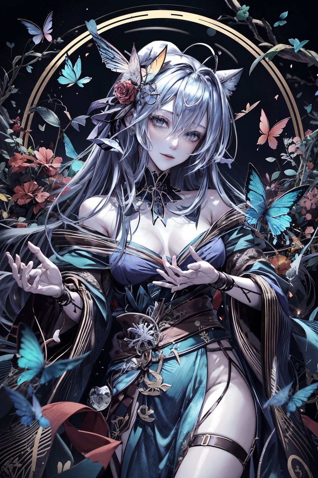 8k, (absurdres, highres, ultra detailed), (1lady), there is a innocent smile girl with butterflies on her head and a butterfly in her hair, stunning anime face portrait, beautiful anime portrait, isabella vampire, glowing blue eyes, pale skin, vampire fangs, crown, thighs, holding skull, anime fantasy artwork, flowers and butterflies, realistic anime art style, realistic anime artstyle, starry_hair, cute, Circle, shiny_skin, shiny_hair, ,High detailed ,Circle,blurry_light_background