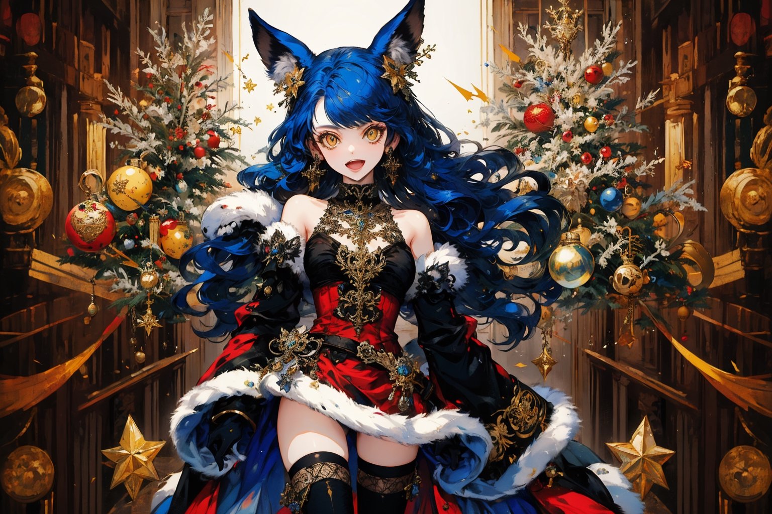 1girl, solo, long hair, breasts, looking at viewer, smile, open mouth, bangs, thighhighs, gloves, dress, holding, animal ears, bare shoulders, jewelry, medium breasts, blue hair, standing, yellow eyes, :d, earrings, boots, detached sleeves, black gloves, black thighhighs, wide sleeves, armpits, star \(symbol\), official alternate costume, fur trim, wavy hair, red dress, christmas, single earring, erune, fur-trimmed sleeves, underboob cutout, ferry \(granblue fantasy\),portrait