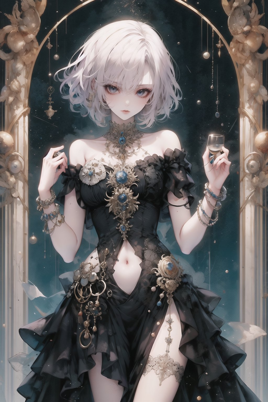 1girl, solo, breasts, looking at viewer, short hair, bangs, blue eyes, large breasts, red eyes, dress, cleavage, bare shoulders, jewelry, medium breasts, closed mouth, standing, collarbone, white hair, thighs, outdoors, sky, hand up, off shoulder, black dress, bracelet, covered navel, night, heterochromia, moon, cross, night sky, full moon, side slit, off-shoulder dress