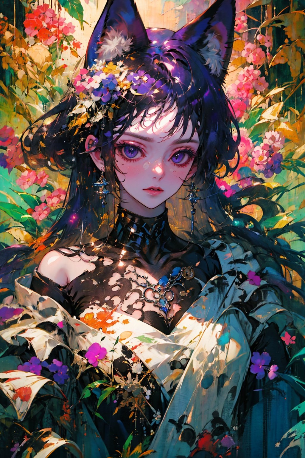 1girl, solo, long hair, breasts, looking at viewer, blush, bangs, large breasts, black hair, long sleeves, dress, animal ears, cleavage, bare shoulders, purple eyes, collarbone, upper body, flower, frills, parted lips, cat ears, off shoulder, mole, black dress, animal ear fluff, strapless, detached collar, strapless dress, off-shoulder dress