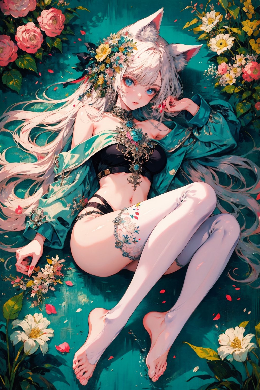 1girl, solo, long hair, breasts, looking at viewer, bangs, blue eyes, thighhighs, animal ears, bare shoulders, medium breasts, swimsuit, ass, flower, white hair, bikini, barefoot, off shoulder, feet, petals, soles, erune