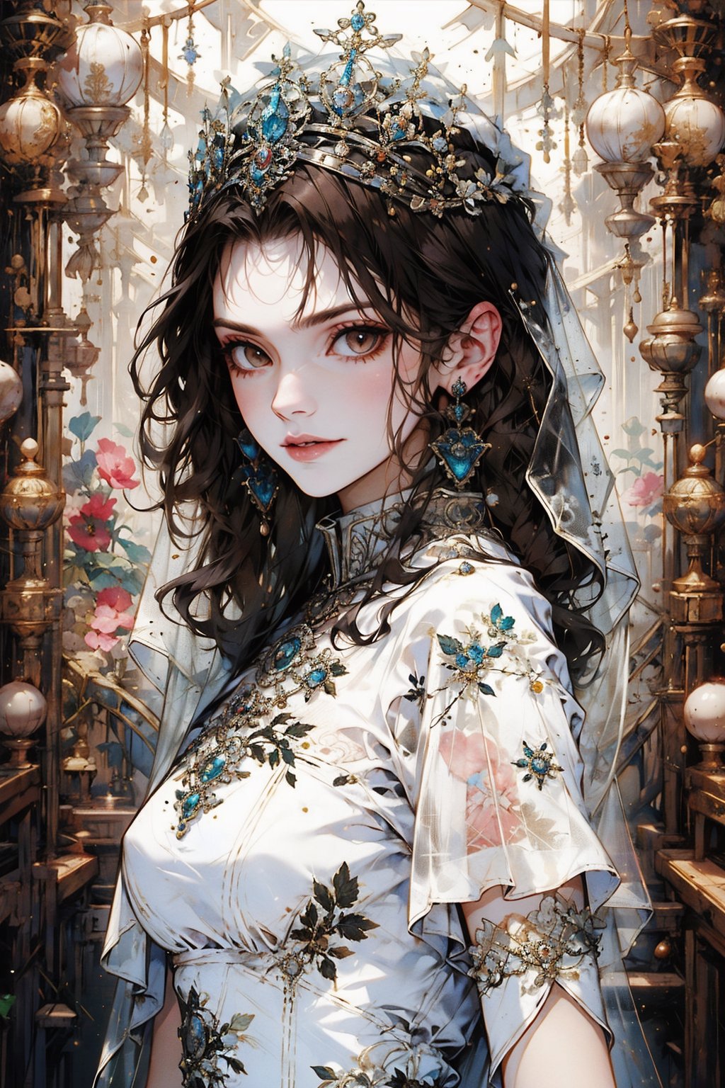 1girl, solo, long hair, breasts, looking at viewer, smile, black hair, dress, brown eyes, jewelry, closed mouth, upper body, short sleeves, earrings, white dress, from side, lips, see-through, looking to the side, tiara, crown, gem, veil, stairs