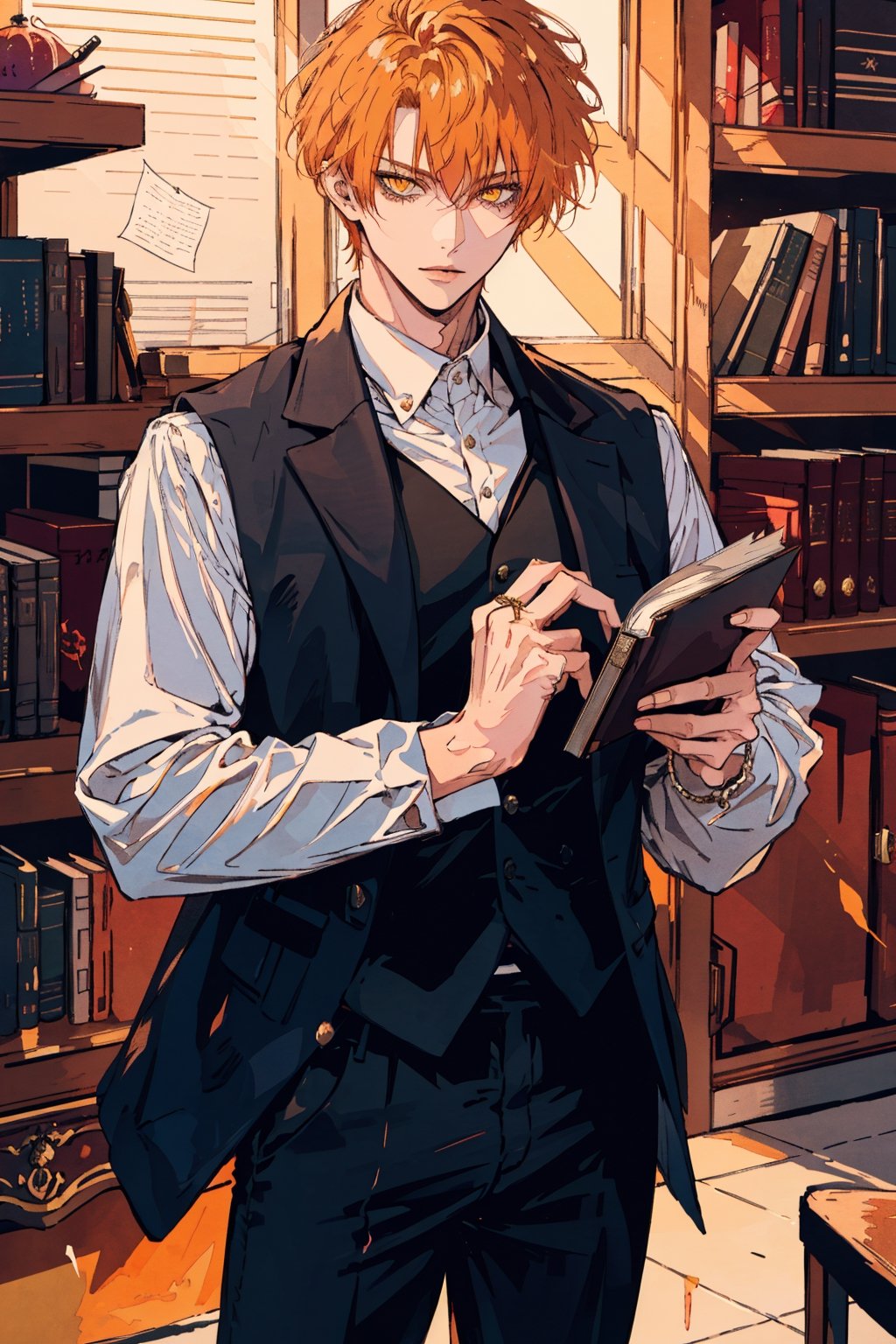 solo, looking at viewer, short hair, bangs, blonde hair, shirt, long sleeves, 1boy, holding, jewelry, standing, jacket, yellow eyes, white shirt, male focus, cowboy shot, pants, indoors, orange hair, vest, orange eyes, book, black pants, holding book, black vest, open book