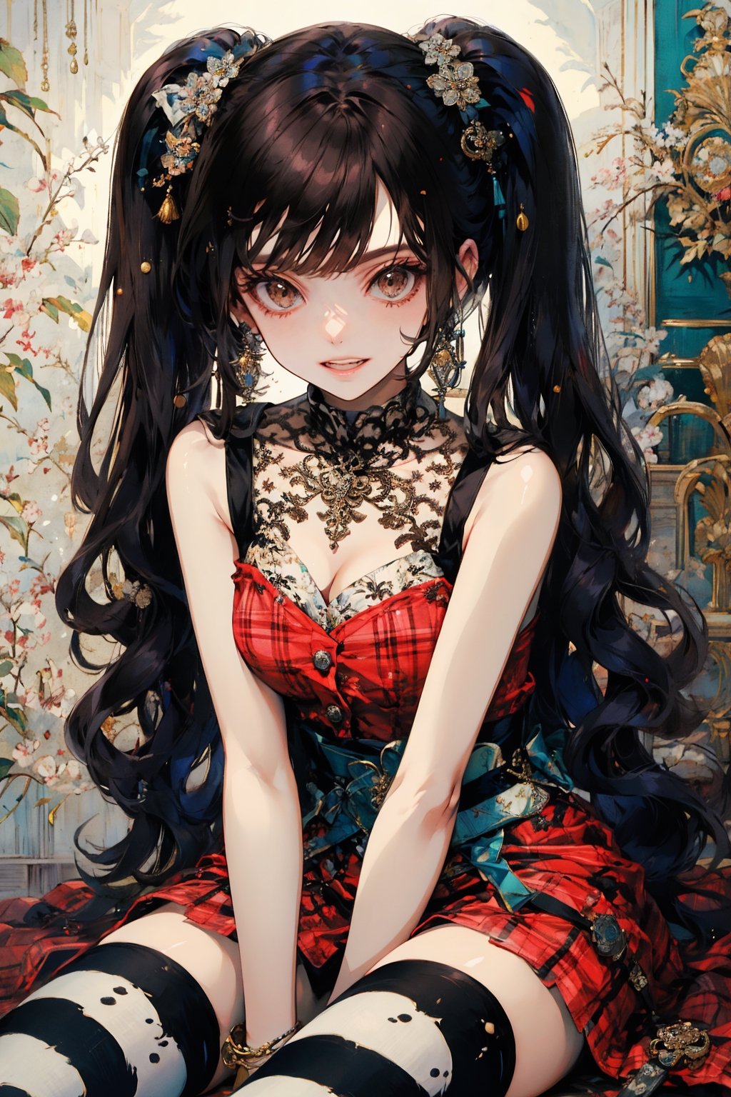 1girl, solo, breasts, looking at viewer, smile, bangs, black hair, thighhighs, dress, cleavage, bare shoulders, twintails, brown eyes, medium breasts, sitting, weapon, teeth, sleeveless, striped, sword, grin, plaid, sleeveless dress, red dress, katana, sheath, striped thighhighs, between legs, v arms, hand between legs, sheathed, plaid dress