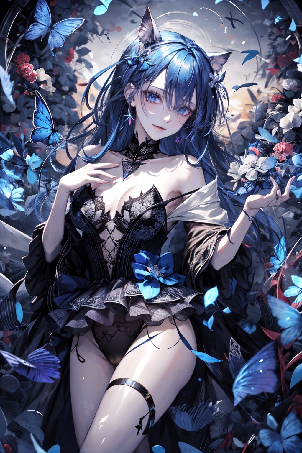 8k, (absurdres, highres, ultra detailed), (1lady), there is a innocent smile girl with butterflies on her head and a butterfly in her hair, stunning anime face portrait, beautiful anime portrait, isabella vampire, glowing blue eyes, pale skin, vampire fangs, crown, thighs, holding skull, anime fantasy artwork, flowers and butterflies, realistic anime art style, realistic anime artstyle, starry_hair, cute, Circle, shiny_skin, shiny_hair, ,High detailed ,Circle,blurry_light_background