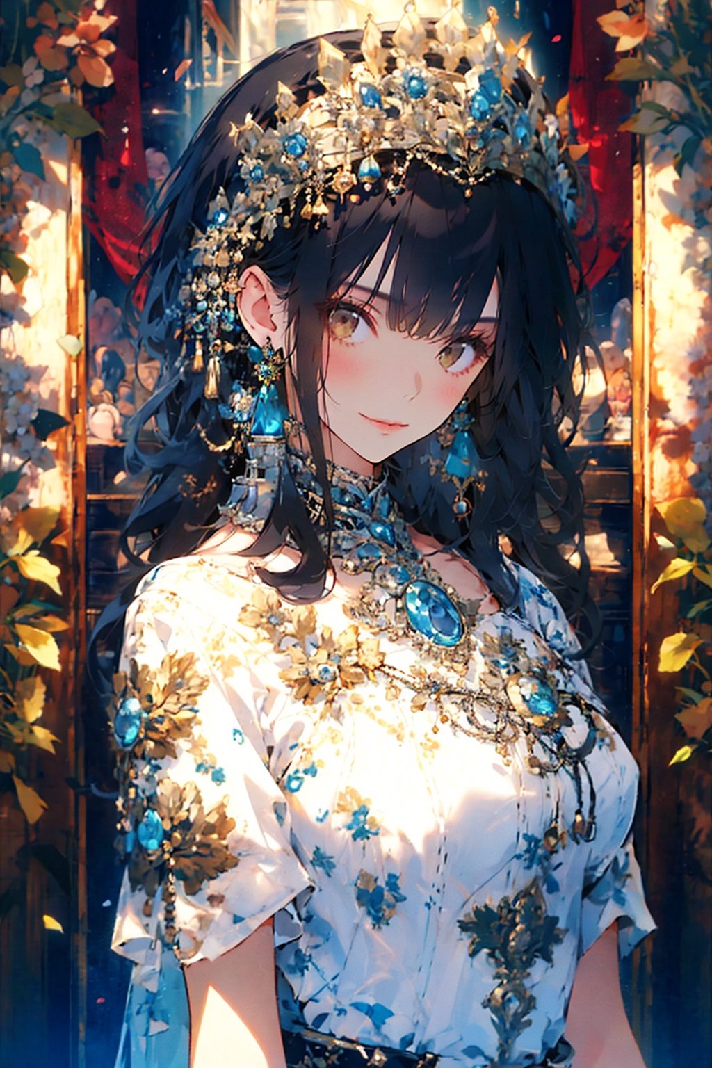 1girl, solo, long hair, breasts, looking at viewer, smile, black hair, dress, brown eyes, jewelry, closed mouth, upper body, short sleeves, earrings, white dress, from side, lips, see-through, looking to the side, tiara, crown, gem, veil, stairs