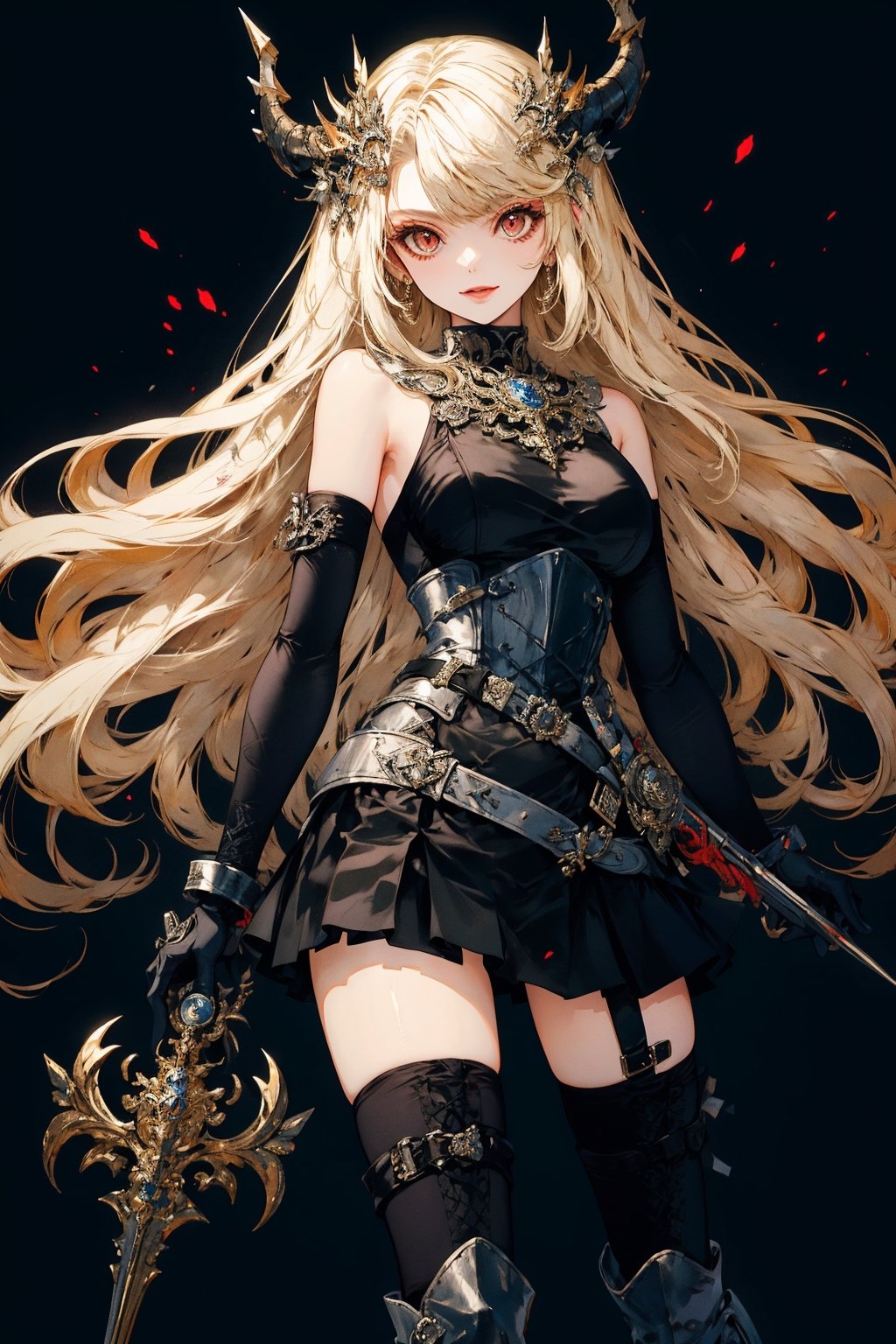 1girl, solo, long hair, breasts, looking at viewer, smile, bangs, skirt, blonde hair, hair ornament, red eyes, thighhighs, gloves, dress, holding, very long hair, weapon, boots, horns, black gloves, elbow gloves, black thighhighs, holding weapon, armor, thigh boots, polearm, black background, armored boots,portrait,illustration,fcloseup