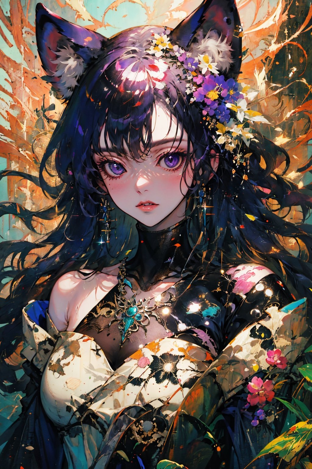 1girl, solo, long hair, breasts, looking at viewer, blush, bangs, large breasts, black hair, long sleeves, dress, animal ears, cleavage, bare shoulders, purple eyes, collarbone, upper body, flower, frills, parted lips, cat ears, off shoulder, mole, black dress, animal ear fluff, strapless, detached collar, strapless dress, off-shoulder dress