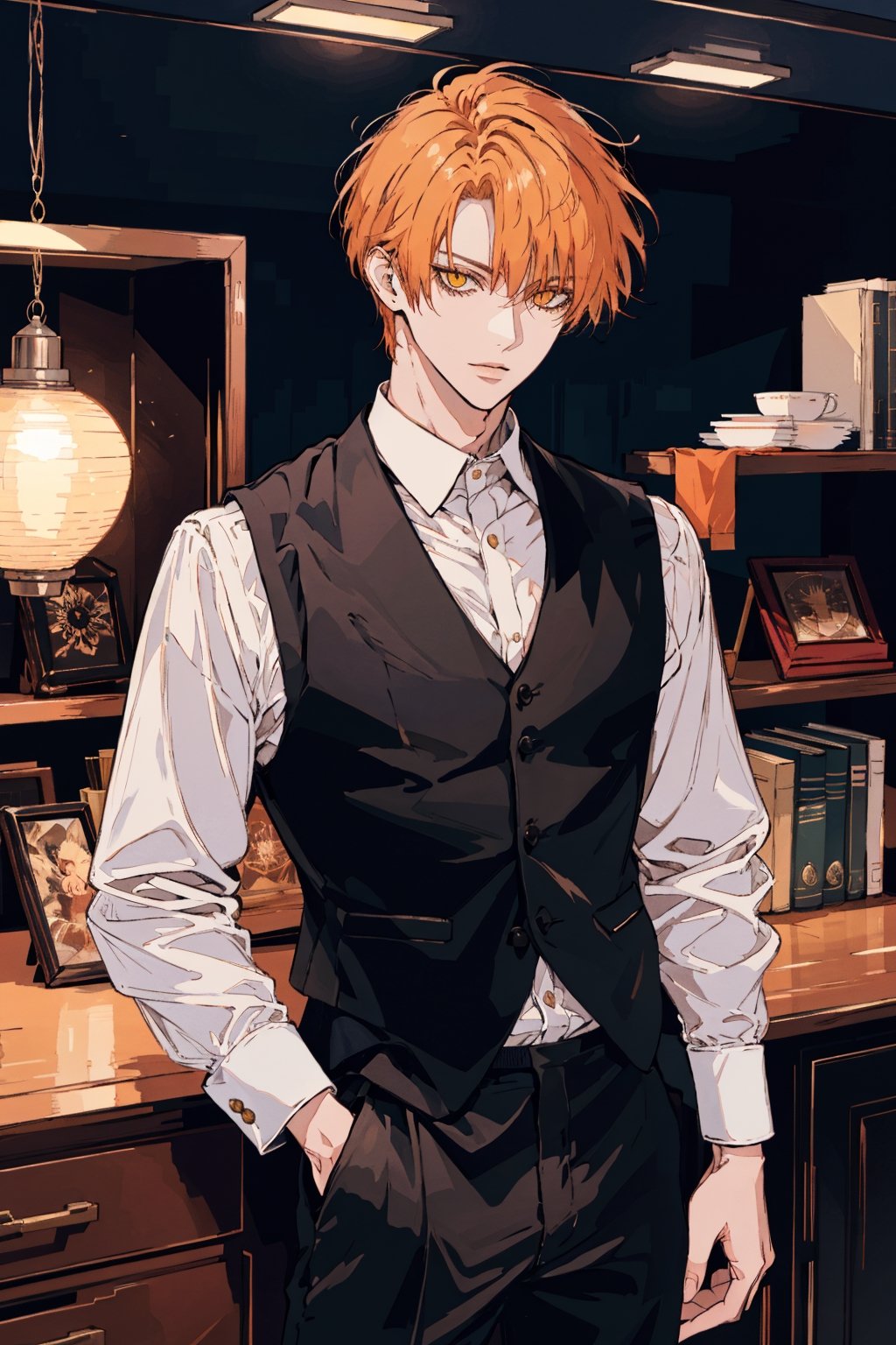 solo, looking at viewer, short hair, bangs, blonde hair, shirt, long sleeves, 1boy, holding, jewelry, standing, jacket, yellow eyes, white shirt, male focus, cowboy shot, pants, indoors, orange hair, vest, orange eyes, book, black pants, holding book, black vest, open book