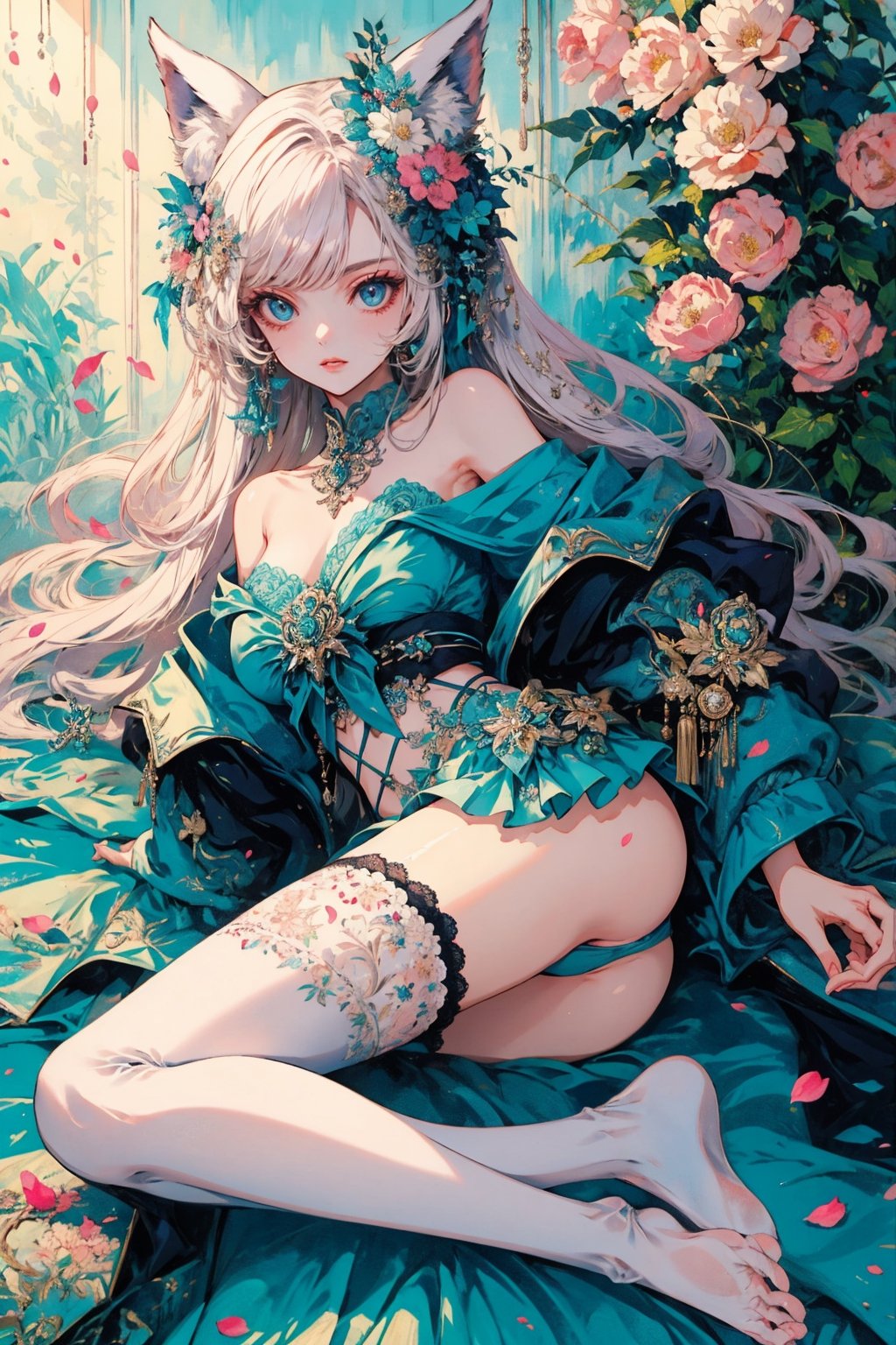 1girl, solo, long hair, breasts, looking at viewer, bangs, blue eyes, thighhighs, animal ears, bare shoulders, medium breasts, swimsuit, ass, flower, white hair, bikini, barefoot, off shoulder, feet, petals, soles, erune,portrait