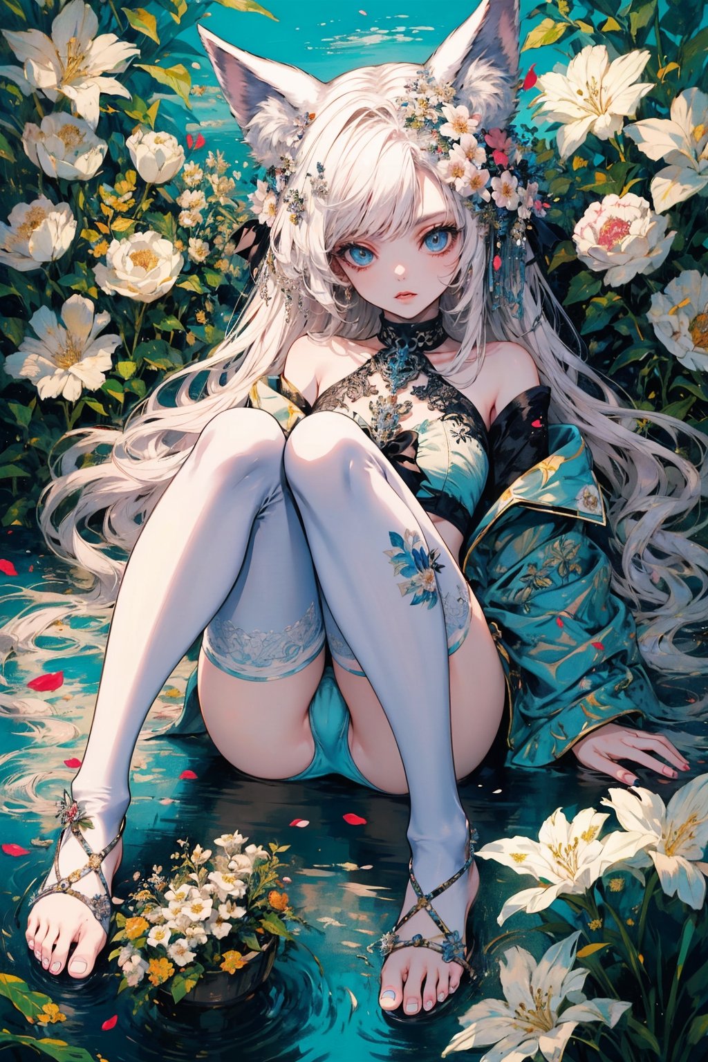 1girl, solo, long hair, breasts, looking at viewer, bangs, blue eyes, thighhighs, animal ears, bare shoulders, medium breasts, swimsuit, ass, flower, white hair, bikini, barefoot, off shoulder, feet, petals, soles, erune,portrait