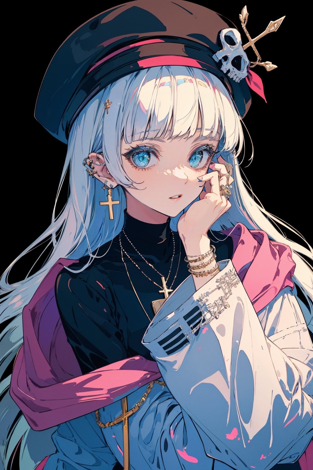 1girl, solo, long hair, looking at viewer, bangs, blue eyes, long sleeves, hat, jewelry, upper body, white hair, earrings, parted lips, choker, blunt bangs, necklace, nail polish, collar, sweater, fingernails, sleeves past wrists, black headwear, piercing, pink background, cross, ear piercing, black nails, hand on own face, skull, hand on own cheek, cross necklace, skull necklace