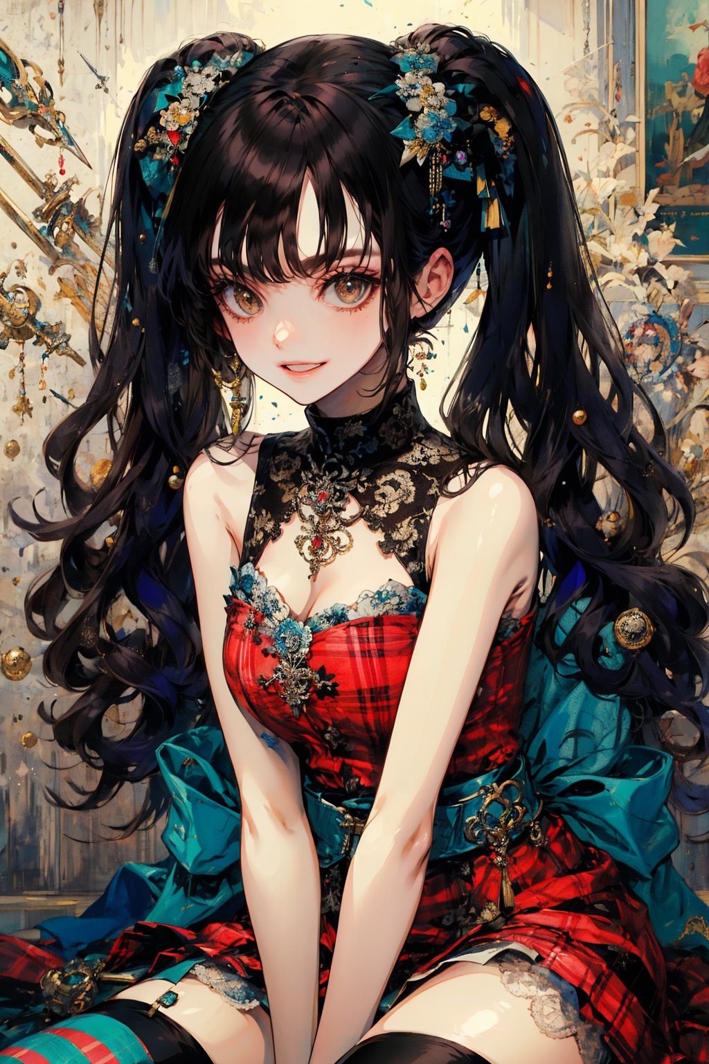 1girl, solo, breasts, looking at viewer, smile, bangs, black hair, thighhighs, dress, cleavage, bare shoulders, twintails, brown eyes, medium breasts, sitting, weapon, teeth, sleeveless, striped, sword, grin, plaid, sleeveless dress, red dress, katana, sheath, striped thighhighs, between legs, v arms, hand between legs, sheathed, plaid dress