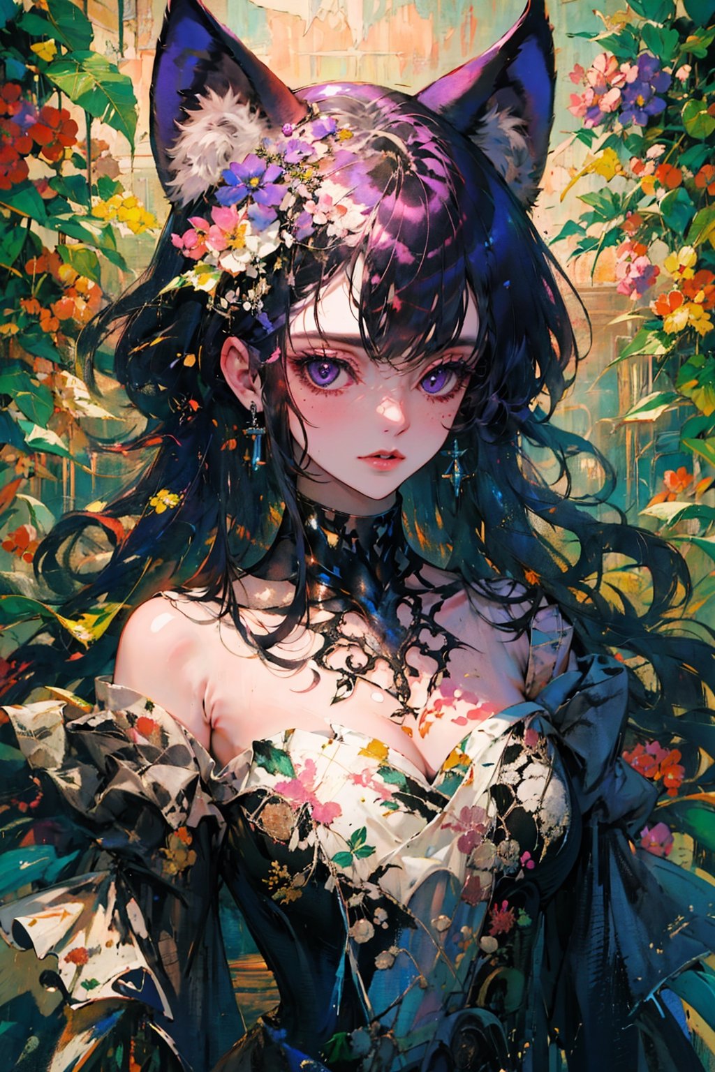 1girl, solo, long hair, breasts, looking at viewer, blush, bangs, large breasts, black hair, long sleeves, dress, animal ears, cleavage, bare shoulders, purple eyes, collarbone, upper body, flower, frills, parted lips, cat ears, off shoulder, mole, black dress, animal ear fluff, strapless, detached collar, strapless dress, off-shoulder dress