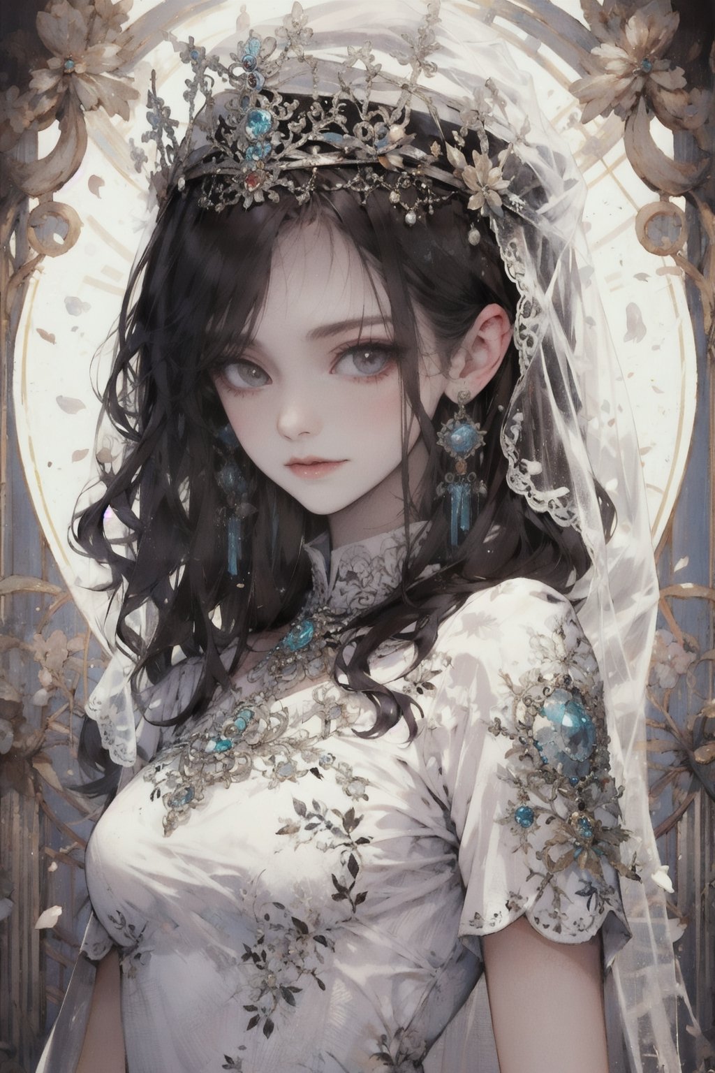 1girl, solo, long hair, breasts, looking at viewer, smile, black hair, dress, brown eyes, jewelry, closed mouth, upper body, short sleeves, earrings, white dress, from side, lips, see-through, looking to the side, tiara, crown, gem, veil, stairs,Circle