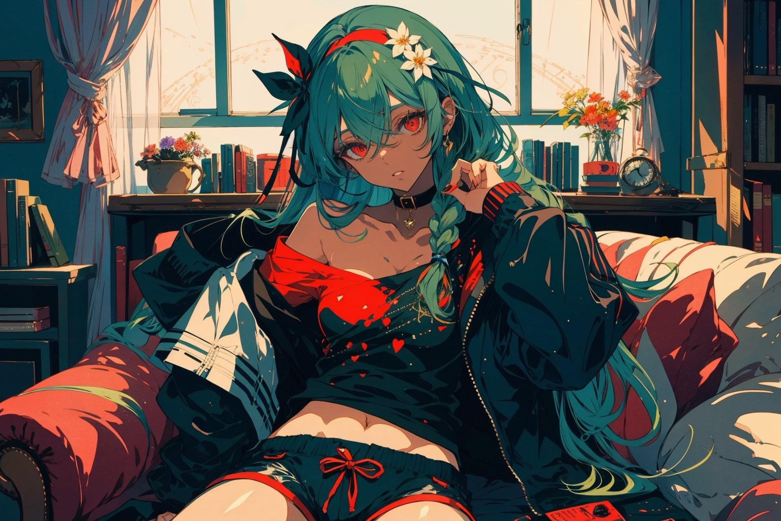 1girl, solo, long hair, breasts, looking at viewer, bangs, hair ornament, red eyes, long sleeves, ribbon, navel, holding, hair between eyes, bare shoulders, sitting, very long hair, collarbone, jacket, hair ribbon, braid, flower, heart, food, green hair, shorts, indoors, hair flower, dark skin, off shoulder, nail polish, dark-skinned female, black jacket, fingernails, head tilt, short shorts, window, single braid, black ribbon, black shorts, sharp fingernails, pacifier