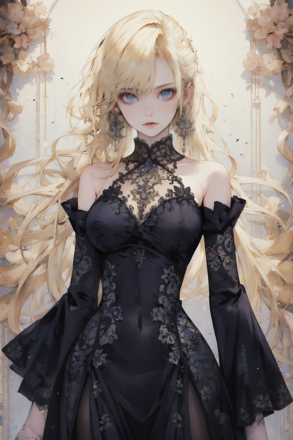 1girl, solo, long hair, breasts, looking at viewer, blue eyes, blonde hair, large breasts, thighhighs, long sleeves, dress, cleavage, bare shoulders, jewelry, standing, pantyhose, earrings, parted lips, detached sleeves, wide sleeves, black dress, halterneck, watermark