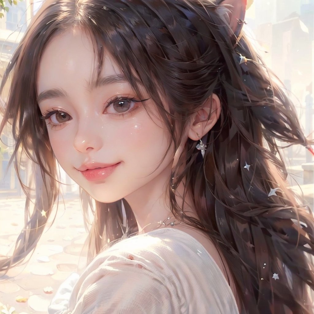 (((best quality))), (((ultra detailed))), (((masterpiece))), illustration,"1girl,large breast, cat ears, cat tail, white dress, blush, shy, looking away, standing, outdoor scene,cute smiley 