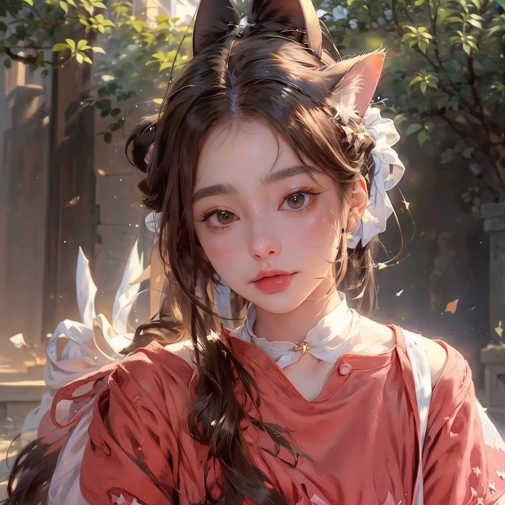 (((best quality))), (((ultra detailed))), (((masterpiece))), illustration,"1girl,large breast, cat ears, cat tail, white dress, blush, shy, looking away, standing, outdoor scene,