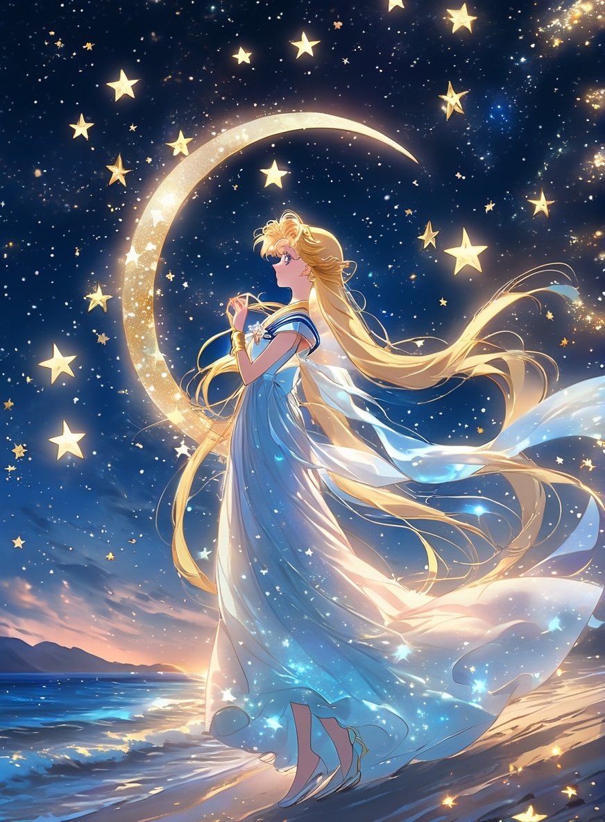 a girl in a long dress standing on the beach, beauttiful stars, pinterest anime, beautiful stars, falling star on the background, the sailor moon. beautiful, twinkling stars, night time with starry sky, night stars, very beautiful fantasy art, anime fantasy artwork, luminous stellar sky, very magical and dreamy, wallpaper anime blue water, cosmic goddess