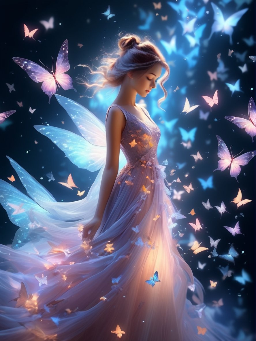 a woman in a long dress surrounded by butterflies, beautiful gorgeous digital art, gorgeous digital art, stunning 3d render of a fairy, exquisite digital art, softly swirling magical energy, beautiful digital artwork, pinterest anime, very beautiful digital art, beautiful digital art, glowing butterflies, stunning digital art, by Charlie Bowater, aura of magic around her, harmony of butterfly