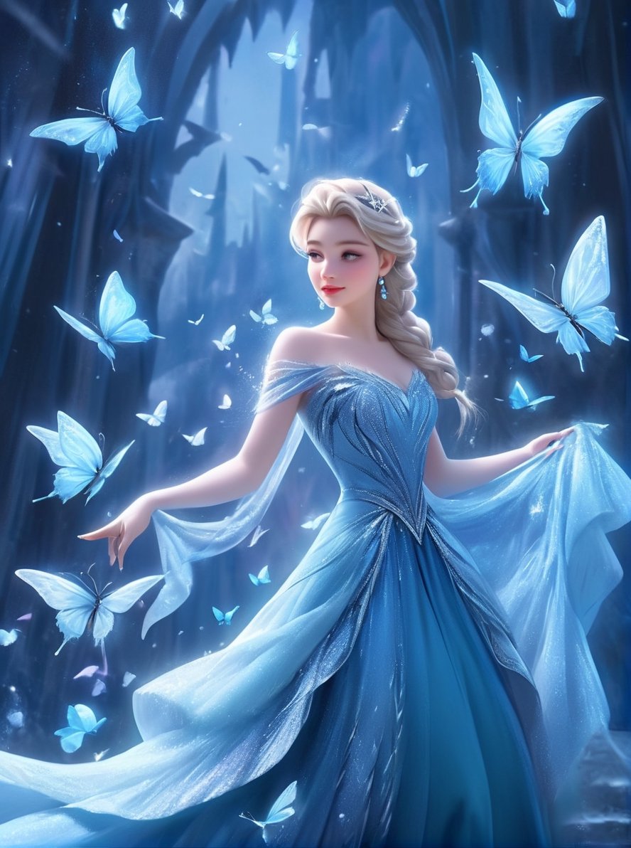 a woman in a blue dress surrounded by butterflies, elsa frozen, disney art, fairytale artwork, magical dress, beautiful adult fairy, stunning 3d render of a fairy, beautiful fairy, magical fairy background, by Nele Zirnite, beautiful avatar pictures, elsa from frozen, beautiful render of a fairytale, portrait of elsa of arendelle, very beautiful fantasy art, cinderella