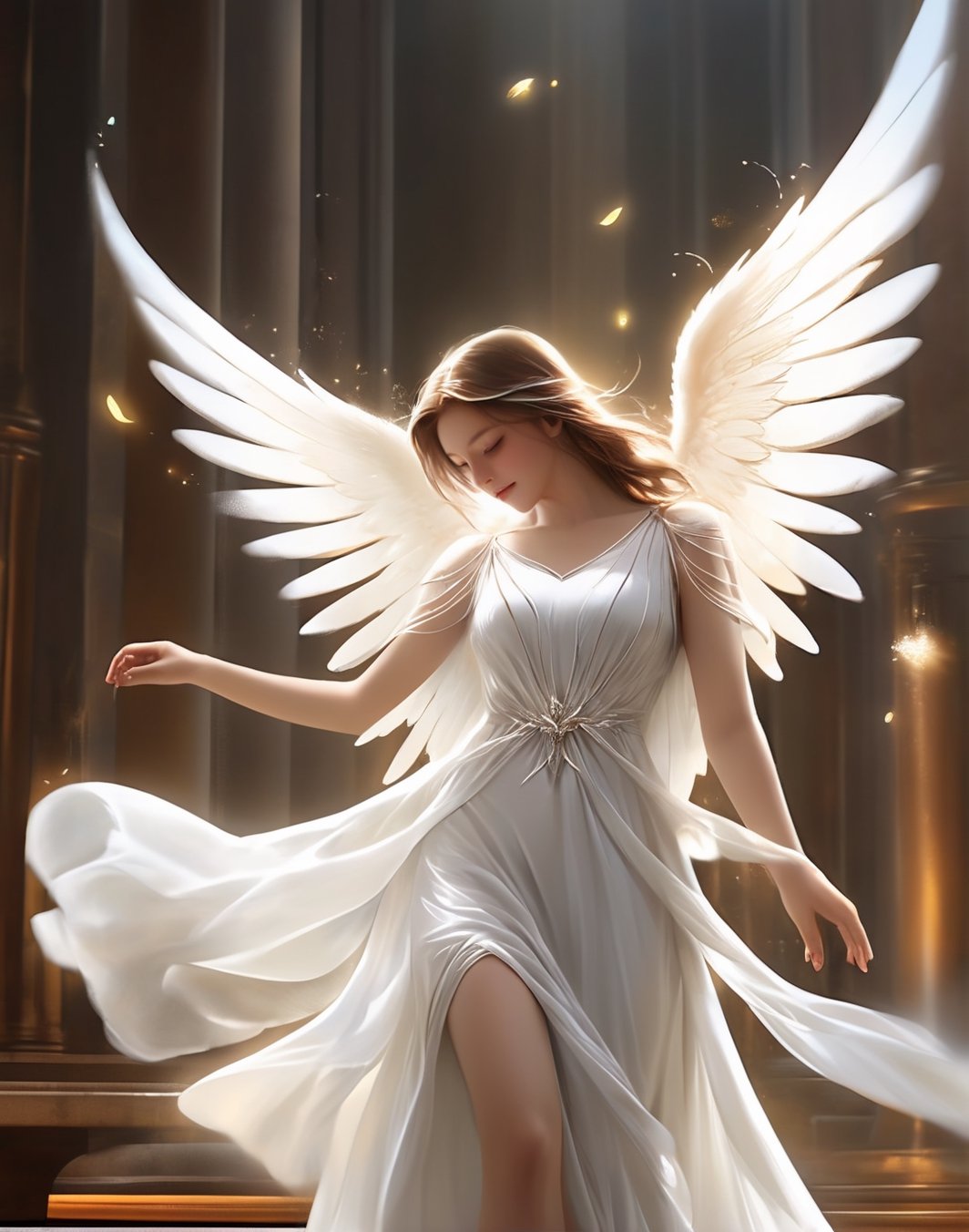 a woman in a white dress is dancing, by Anne Stokes, biblically acurate angel, tron angel, angelic light, angels in white gauze dresses, angel spirit guide, of an beautiful angel girl, flying angels, infinite angelic wings, angelic wings, tall female angel, by Nele Zirnite, wings made of light, angel, very beautiful fantasy art