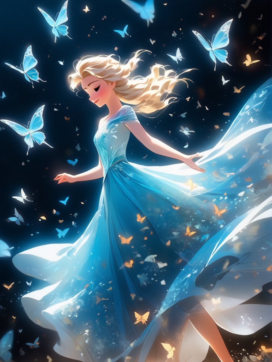 a girl in a blue dress with butterflies flying around her, elsa frozen, pinterest anime, disney art, anime vfx, beautiful elsa, disney princess, beautiful anime art, cgsociety 9, anime picture, beautiful anime style, disney pixar movie still, animated movie still, hd anime wallpaper, portrait of elsa of arendelle, beautiful adult fairy, by Glen Keane