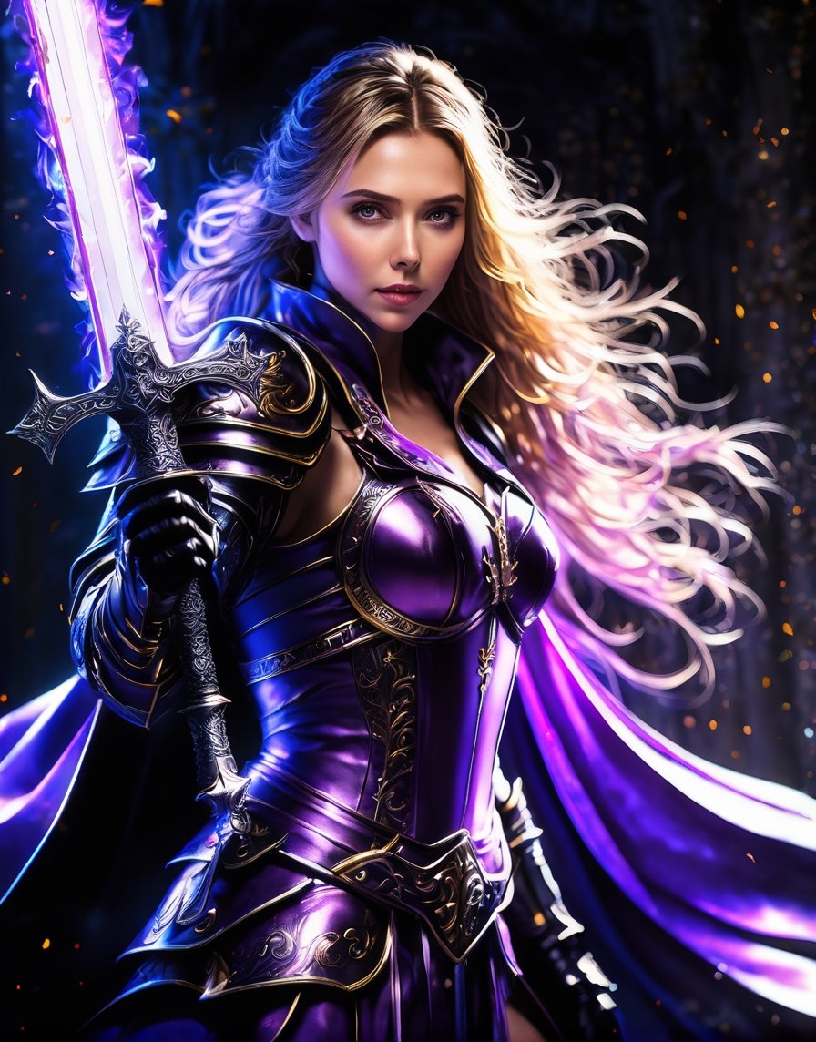 a purple flame women in armor holding a sword in front of a window, dark sword in ares's hand, full portrait of magical knight, holy sword in his hands, epic light novel art cover, japanese light novel cover, gothic knight, fallen knight, glowing sword in hand, beautiful sword, god king of ai art, light novel cover art, comic book arzach style, 32k, , , , 
Negative prompt: bad_picturesm, badhandsv5-neg, badhandv4, EasyNegative, easynegative, ng_deepnegative_v1_75t, verybadimagenegative_v1.3, (worst quality:2), (low quality:2), (normal quality:2), lowres, ((monochrome)), ((grayscale)), watermark, bag, handbag, backpack
,elizabeth olsen