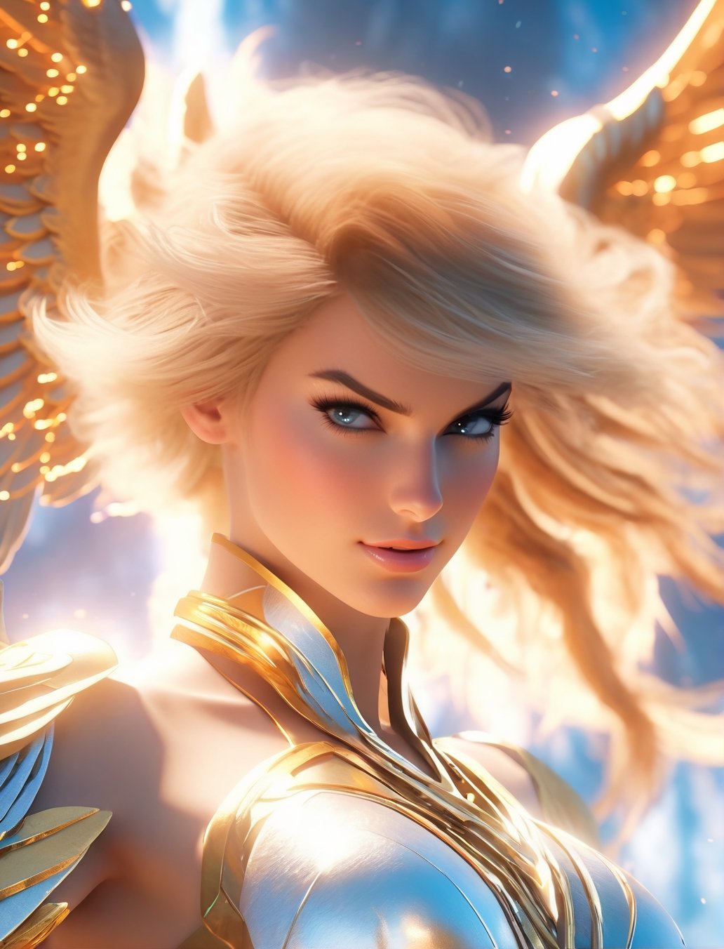 an image of an angel in the sky, unreal engine render + a goddess, taylor swift as a heavenly angel, unreal engine render saint seiya, goddess of light, elven angel meditating in space, infinite angelic wings, tron angel, wings made of light, angelic wings on her back, square enix cinematic art, tall female angel, emma watson as an angel,Kratos 