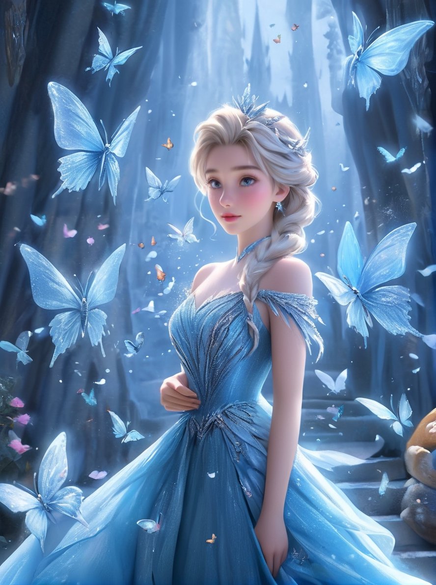 a woman in a blue dress surrounded by butterflies, elsa frozen, disney art, fairytale artwork, magical dress, beautiful adult fairy, stunning 3d render of a fairy, beautiful fairy, magical fairy background, by Nele Zirnite, beautiful avatar pictures, elsa from frozen, beautiful render of a fairytale, portrait of elsa of arendelle, very beautiful fantasy art, cinderella