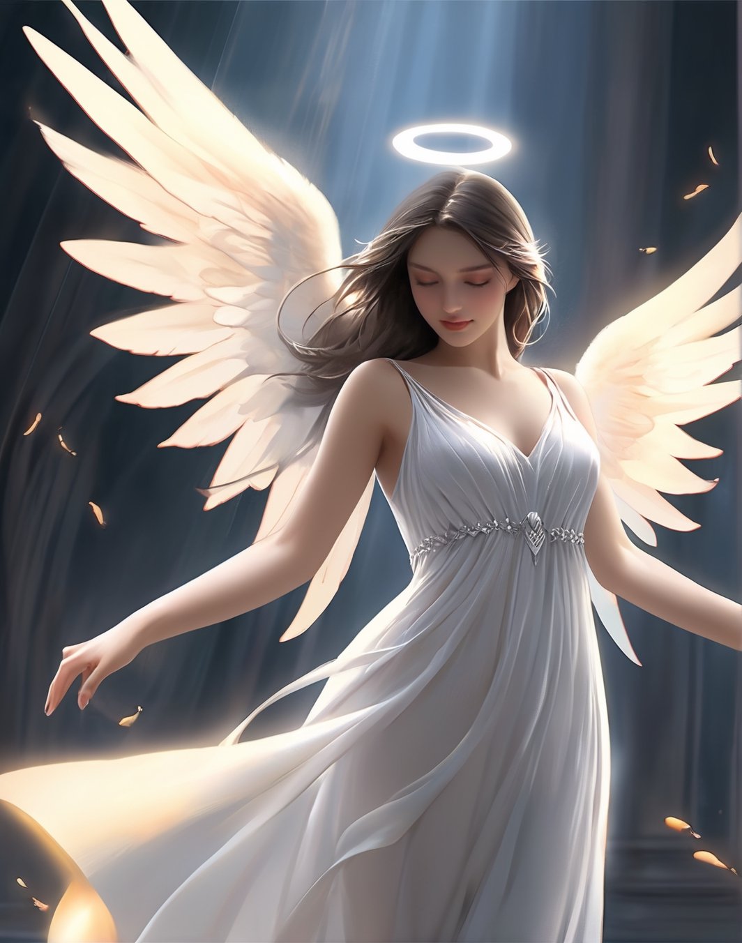 a woman in a white dress is dancing, by Anne Stokes, biblically acurate angel, tron angel, angelic light, angels in white gauze dresses, angel spirit guide, of an beautiful angel girl, flying angels, infinite angelic wings, angelic wings, tall female angel, by Nele Zirnite, wings made of light, angel, very beautiful fantasy art