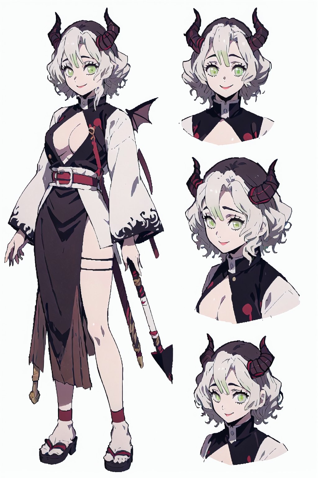 beautiful, masterpiece, best quality, extremely detailed face, short hair, demon slayer, brown skin, black headband, chest exposed, demon slayer uniform, kimetsu no yaiba ,white hair, wand, (CharacterSheet:1), (multiple views, full body, upper body, reference sheet:1), back view, front view, (white background, simple background:1.2), large breasts, sexy pose, seductive smile,Mitsuri Kanroji