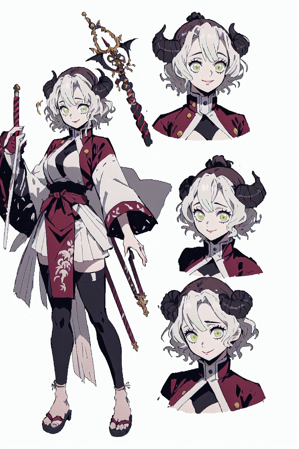 beautiful, masterpiece, best quality, extremely detailed face, short hair, demon slayer, brown skin, black headband, chest exposed, demon slayer uniform, kimetsu no yaiba ,white hair, wand, (CharacterSheet:1), (multiple views, full body, upper body, reference sheet:1), back view, front view, (white background, simple background:1.2), large breasts, sexy pose, seductive smile,Mitsuri Kanroji