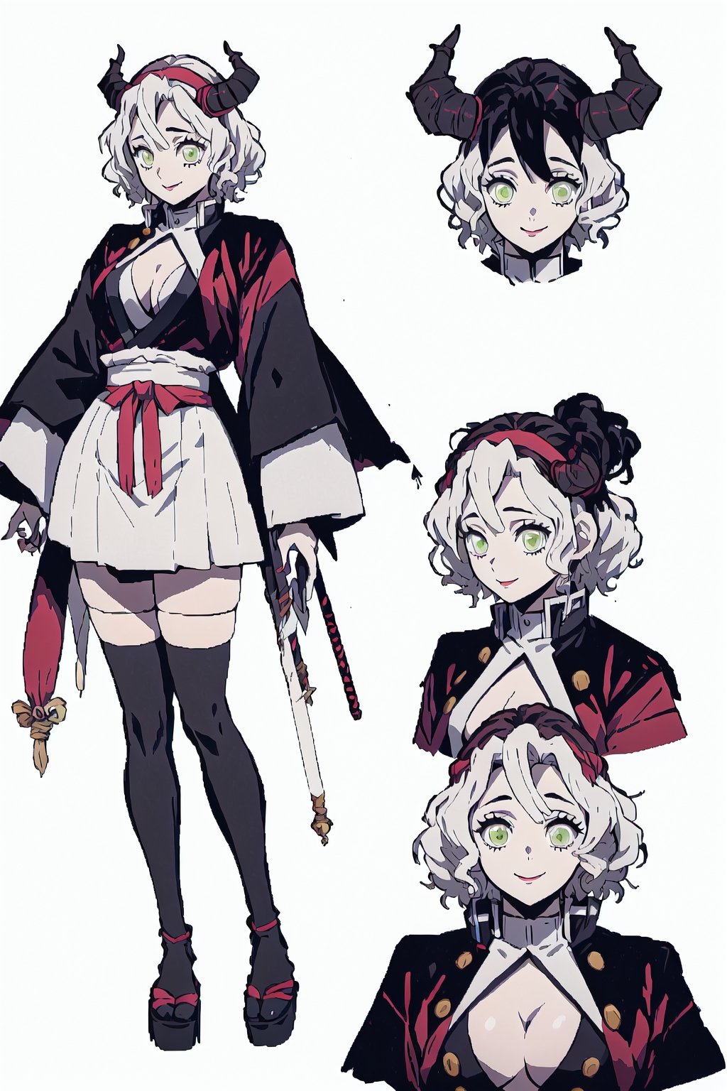 beautiful, masterpiece, best quality, extremely detailed face, short hair, demon slayer, brown skin, black headband, chest exposed, demon slayer uniform, kimetsu no yaiba ,white hair, wand, (CharacterSheet:1), (multiple views, full body, upper body, reference sheet:1), back view, front view, (white background, simple background:1.2), large breasts, sexy pose, seductive smile,Mitsuri Kanroji