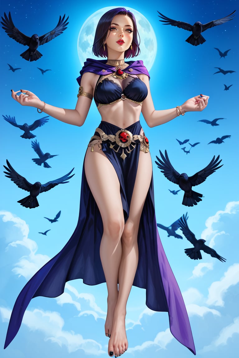  Raven , purple hair, hair over one eye, pale skin, medium breasts, short hair, bob cut, purple eyes, purple lips, black nail polish,  purple and Black cloth, pelvic curtain, neck rings, armlet, gold jewelry, bracelet, bangle, ring, full body, purple cape, hood, bare feet, skin feet, ultra detailed feet, ((floating in the air, flying)), white pale skin, purple lipstick, red gem on her forehead, night sky, night, full moon, perfect hands, crows flying around, background dark night, score_7_up,score_8_up,score_9