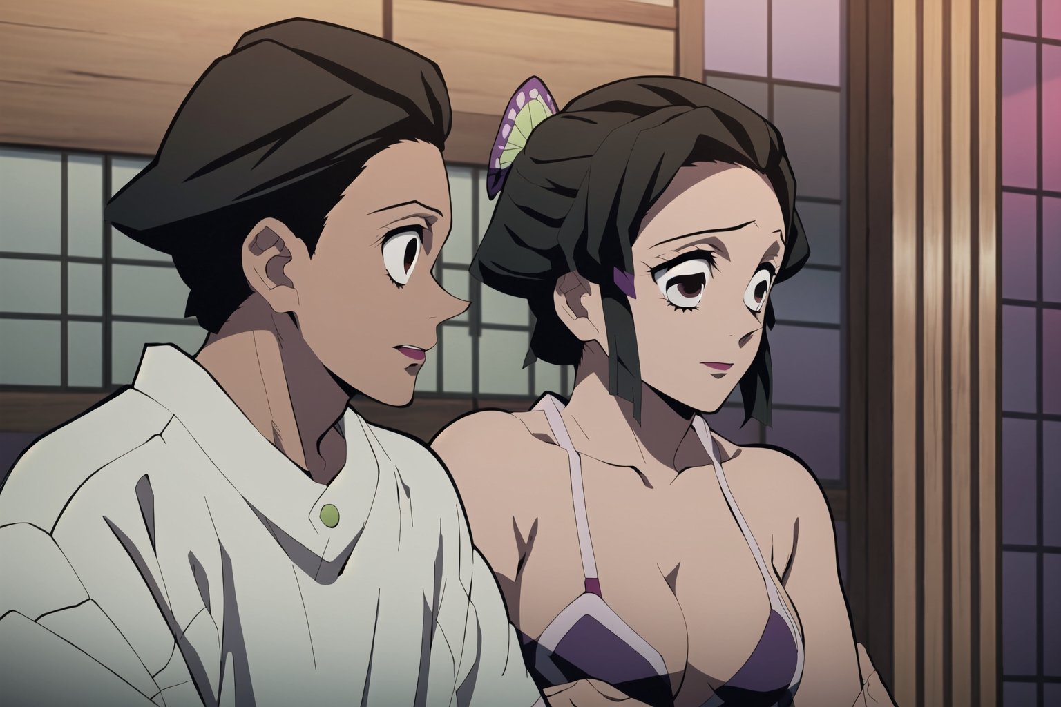 kimetsu no yaiba style, 1girl, 1boy, ((kimestu no yaiba)), short hair, white hair, messy hair, upper body, anime coloring, chest exposed, adult body, short hair, dark skin, brown skinned, Yukata, brown skin, dark skin, attractive, adult, kochou shinobu, couple, couple_(romantic), romance,Daki, date, 