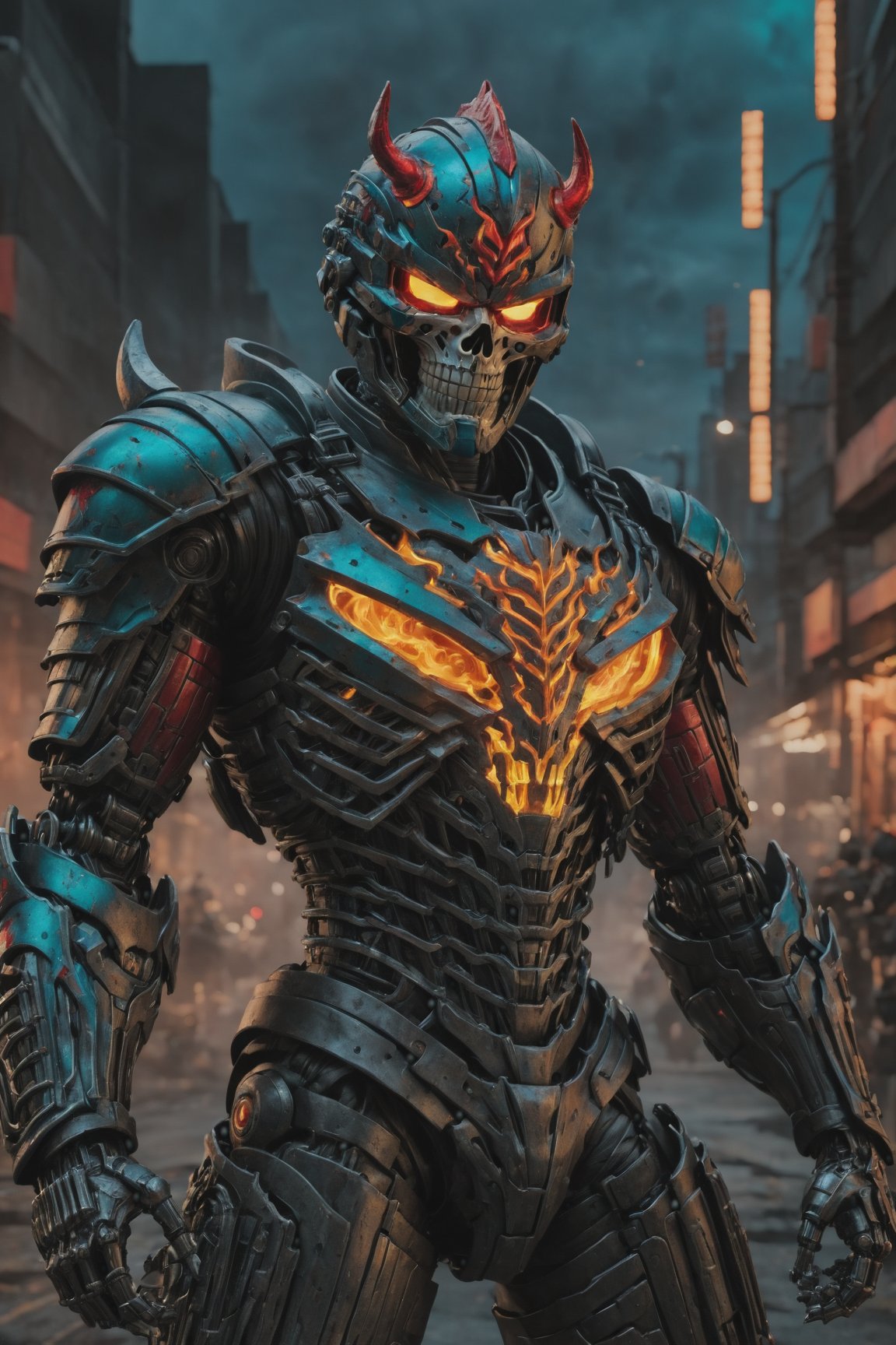 Ghost Rider,helmet, biker, gang  member,  antrachite, matte black armor, ((full_figure)), oni mask, Optimus prime Costume,red color splash, bloom, teal and orange color grading, cinematic light, bloom, cool color, night_time,cyborg style,cyberpunk style,Movie Still, Oni style