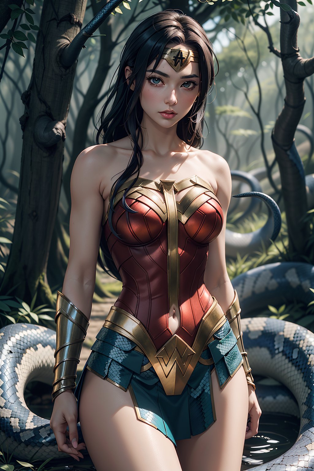 Description: Generate an image of an anime-style wonder woman upper body that combines human and snake features seamlessly. The character should have the upper body of a beautiful anime girl, with colorful hair and expressive eyes. From the waist down, her body should smoothly transition into the serpentine form of a snake, with vibrant scales and patterns. The lamia should be coiled elegantly, possibly in a forest or magical setting, showcasing her mysterious and enchanting nature.