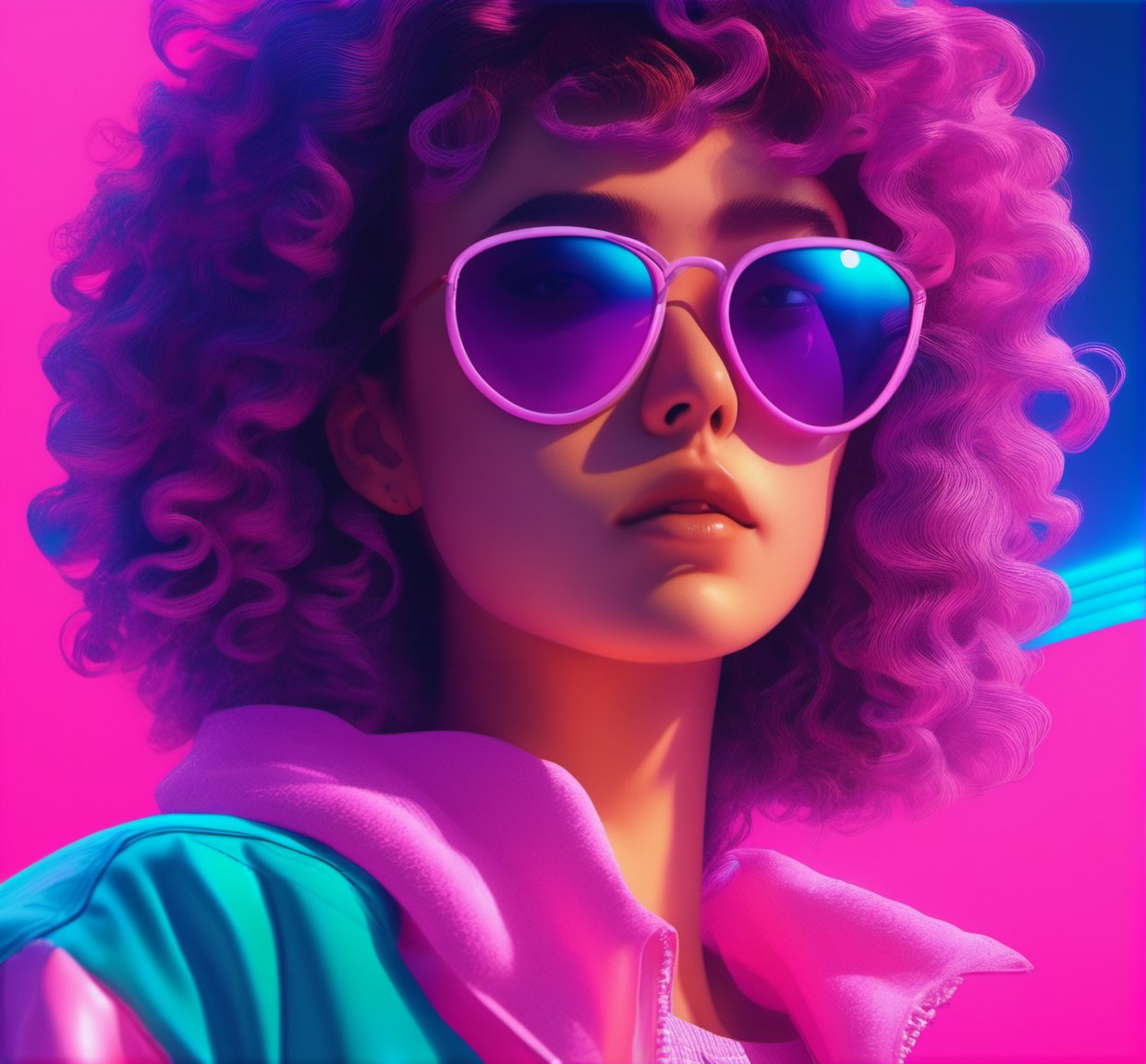  vaporwave style,2_girls, multi, upper  body , curly hair, sunglasses,portrait,8k, super high quality,absurdres, cinematic lighting