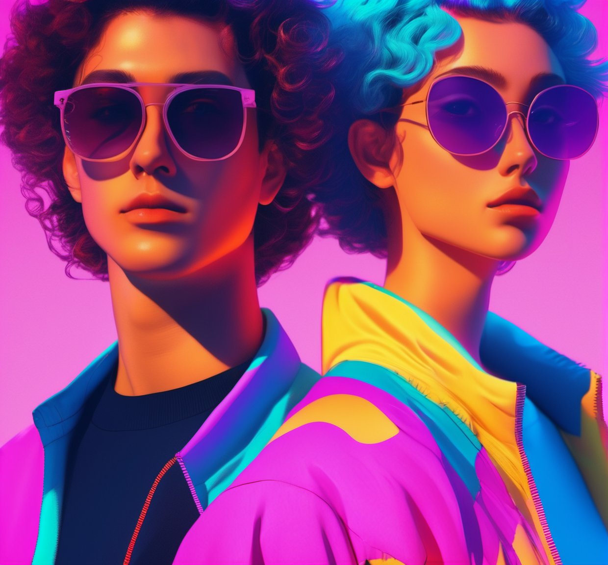  vaporwave style,1girl,1boy, multi, upper  body , curly hair, sunglasses,portrait,8k, super high quality,absurdres, cinematic lighting