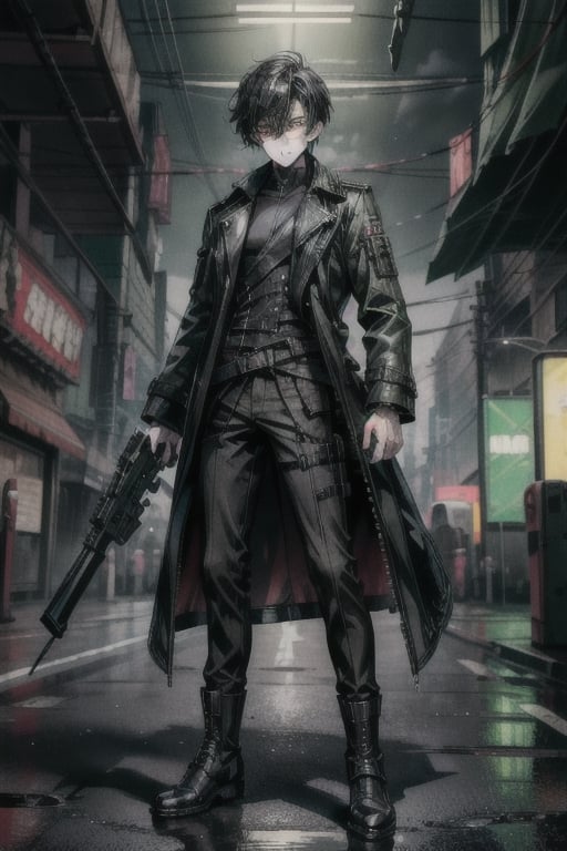 1boy, single, sole_male, post-cyberpunk, black_hair, short hair, green_eyes, green clothes, black trenchcoat, black combat boots, prosthetic_eye, scar on left eye, full body portrait, fully body shot, fierce, detailed, detailed_face, detailed_eyes, high resolution, bold, korean Manhwa art style, Detailedface,