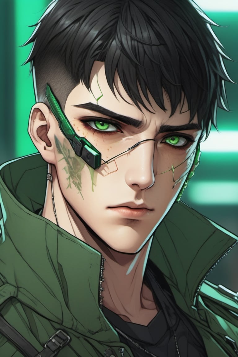 1boy, single, sole_male, post-cyberpunk, black_hair, short hair, green_eyes, green clothes, black trenchcoat, prosthetic_eye, upper_body, fierce, detailed, detailed_face, detailed_eyes, high resolution, bold, korean Manhwa art style, Detailedface