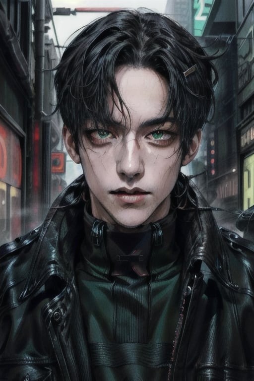 1boy, single, sole_male, post-cyberpunk, black_hair, short hair, green_eyes, green clothes, black trenchcoat, black combat boots, prosthetic_eye, scar on left eye, full body portrait, fully body shot, fierce, detailed, detailed_face, detailed_eyes, high resolution, bold, korean Manhwa art style, Detailedface,boy